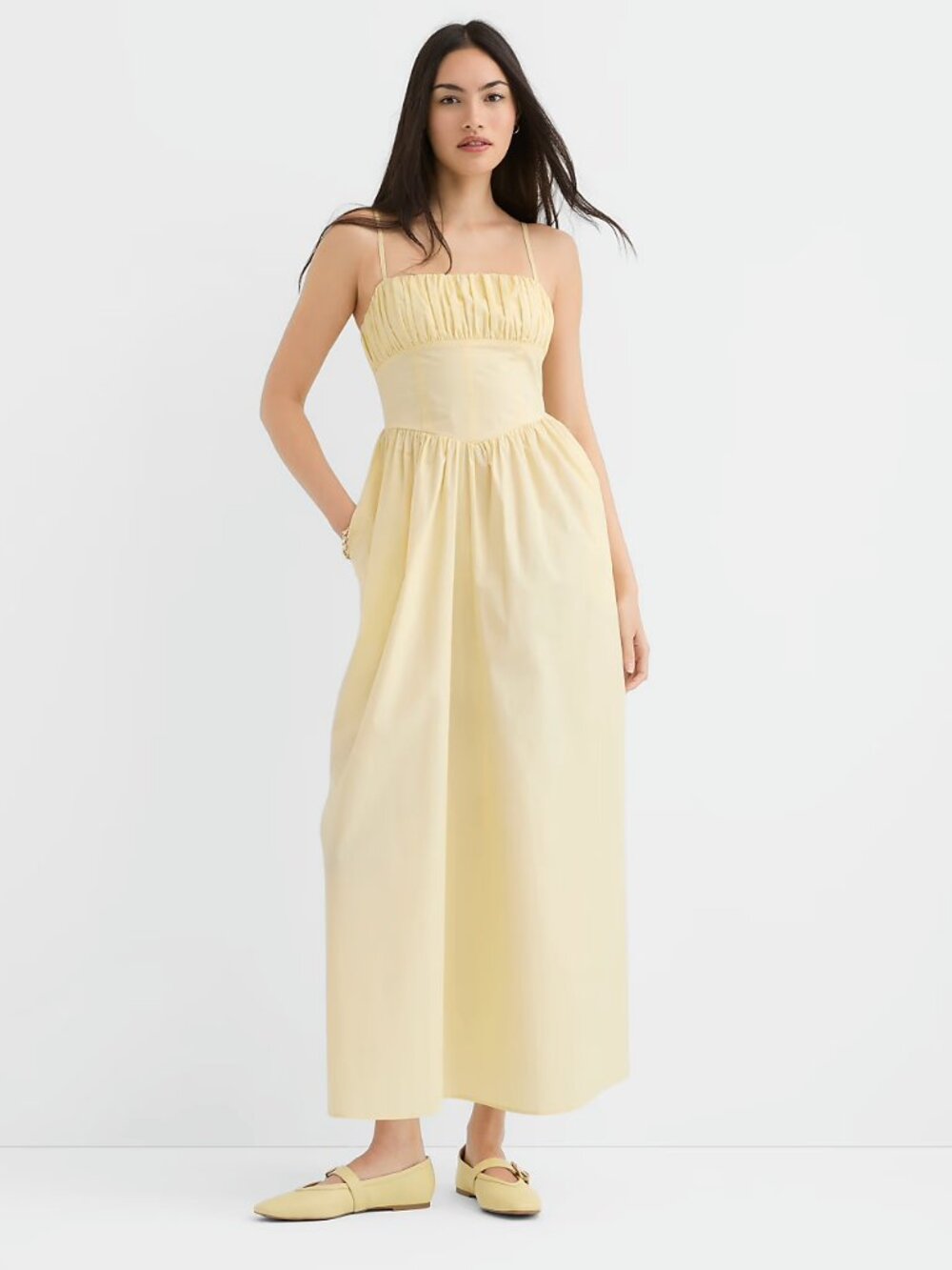 LOFT Petite Poplin Bustier Midi Pocket Dress Lemon Brulee Butter Yellow 0P NWT